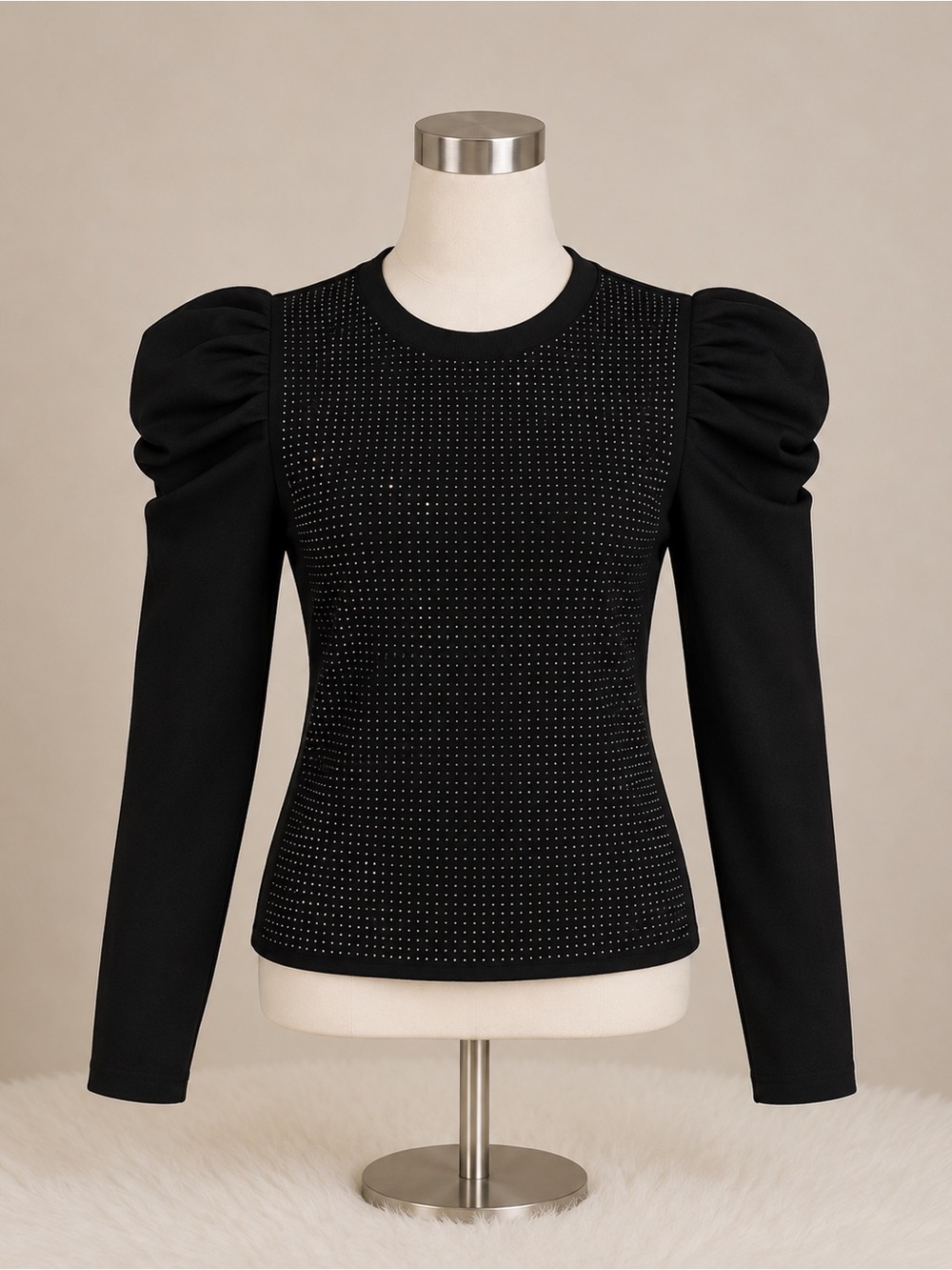Zara Black Puff-Sleeve Studded Long-Sleeve Top